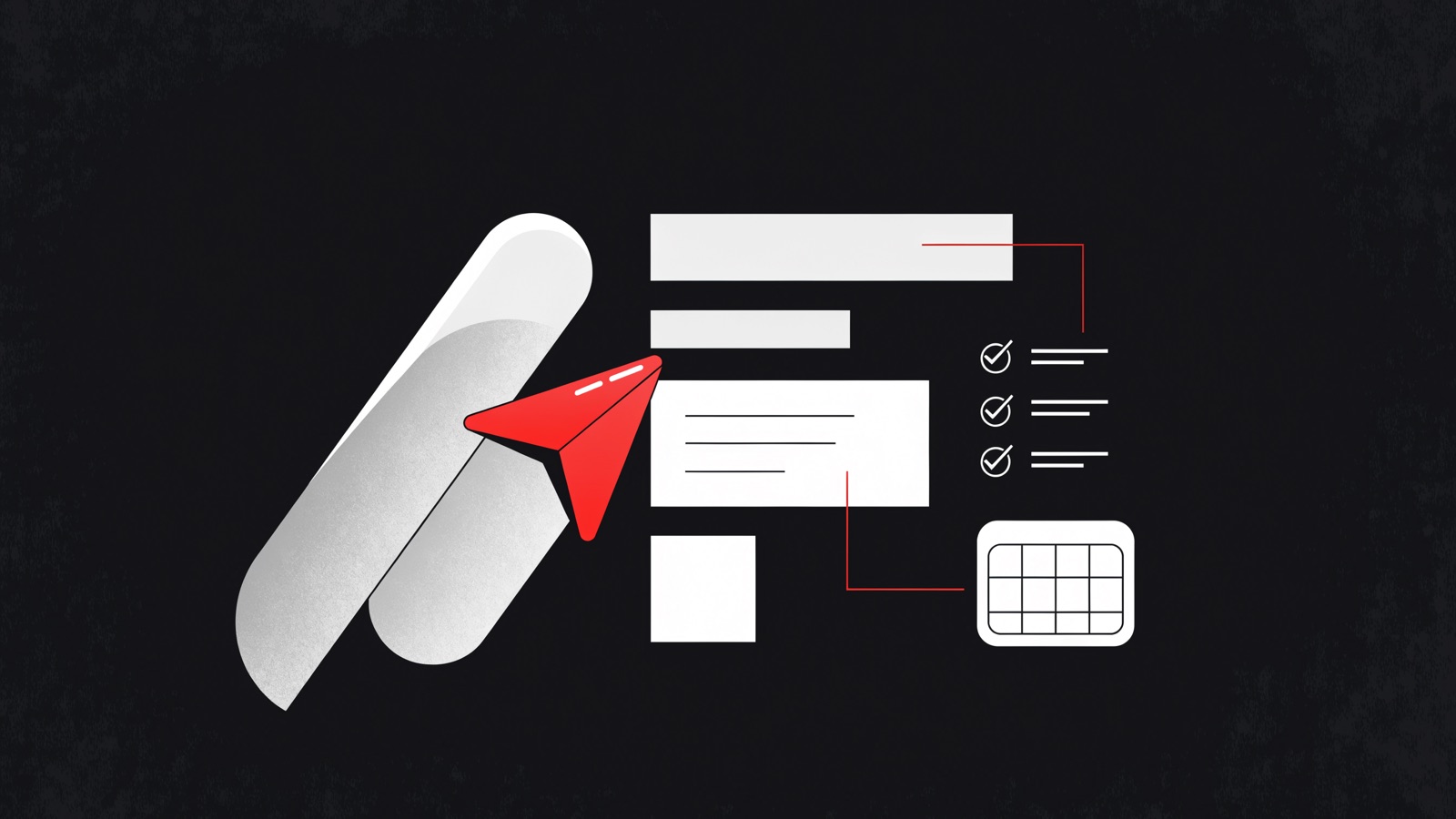 A red AI cursor reading a simple web page and linking its headings to a checklist and a booking calendar