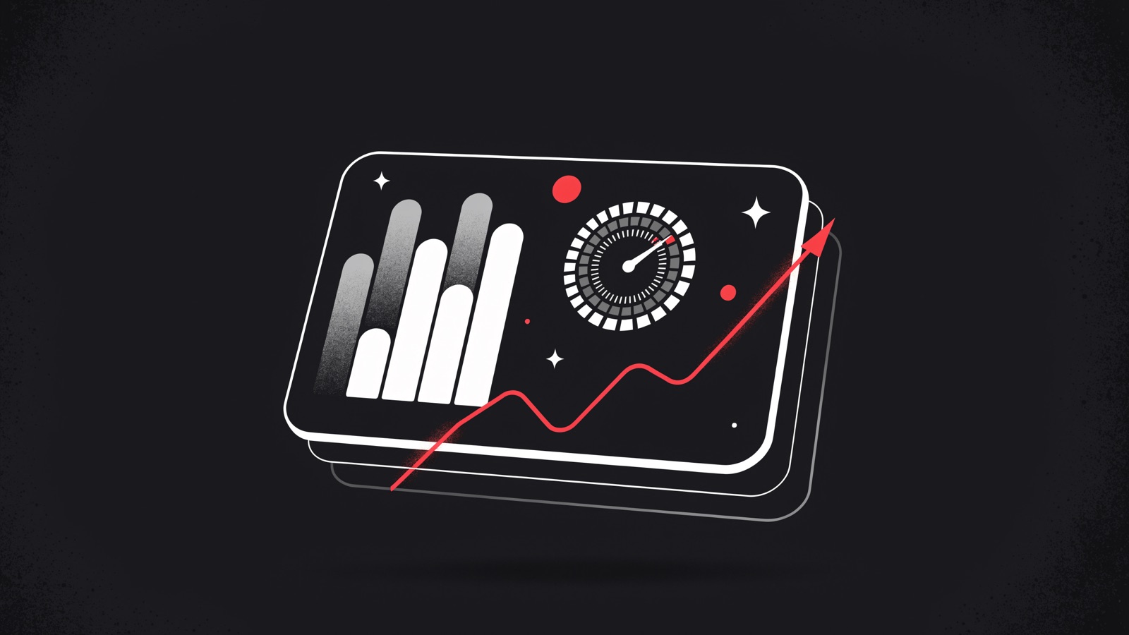 A floating analytics dashboard with bar charts, a speed dial and a red trend line rising