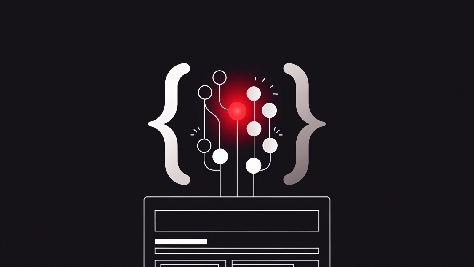 Curly braces around a tree of connected data nodes, one glowing red, above a web page outline